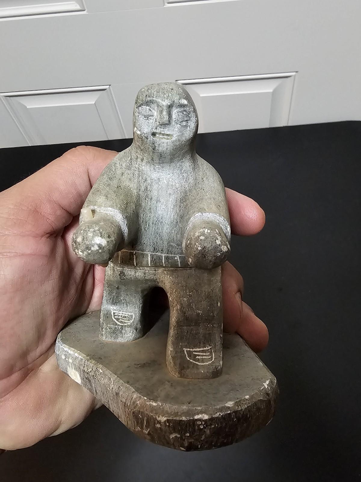 Signed Inuit-Style Seal Hunter Soapstone Carving