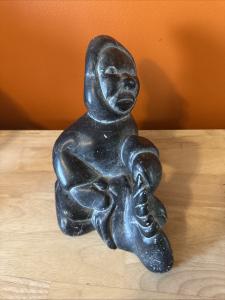Vintage Eskimo Soapstone Hunter Sculpture, 7" X 9