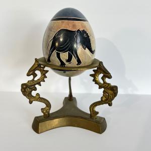 Soapstone Elephant Zebra Safari Egg with Brass Stand