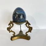 Soapstone Elephant Zebra Safari Egg with Brass Stand