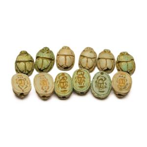 Hand Carved Blue/Green Scarab Beads - Set of 12