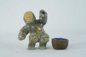 Inuit Soapstone Hunter Figure with Bowl, 4 Inch