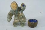 Inuit Soapstone Hunter Figure with Bowl, 4 Inch