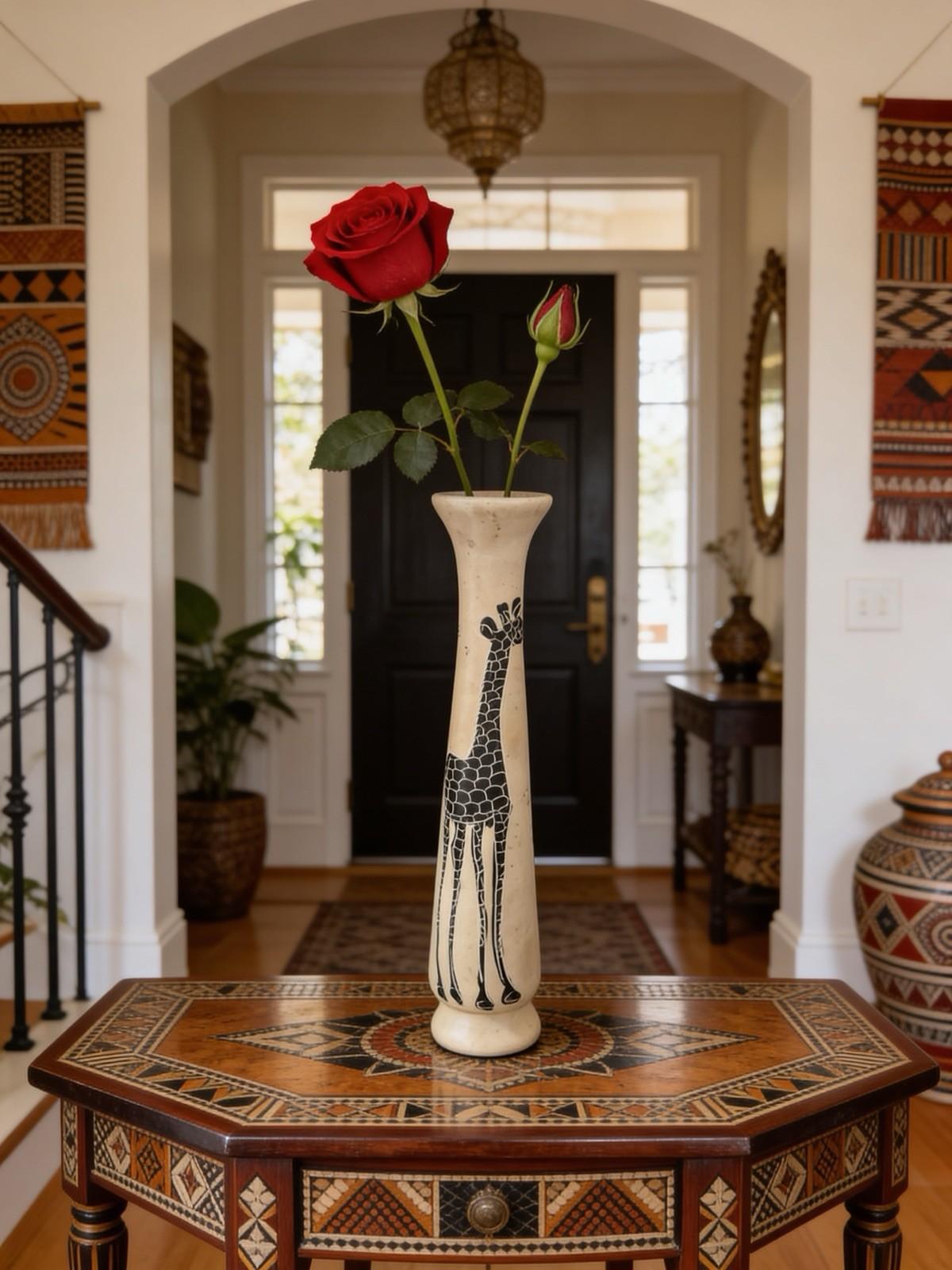 Hand Carved Soapstone Giraffe Vase for Safari Decor