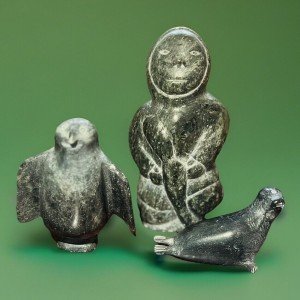 Inuit Soapstone Carvings: Bird and Seal Trio