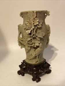 Soapstone Carving Vase with Roses and Bird