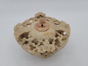 Vintage Carved Openwork Chinese Soapstone  Flowers Birds Incense Burner Pot Lid 