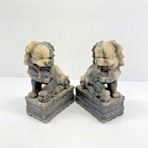 Chinese Hand-Carved Foo Dog Soapstone Statues Pair