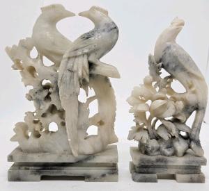 Chinese Hand Carved Soapstone Bird Sculptures Pair