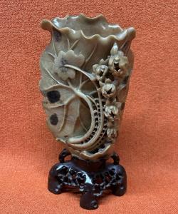 Vintage Chinese Soapstone Carved Vase 10.75”