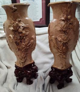 20" Chinese Soapstone Hand Carved Floral Bird Vases