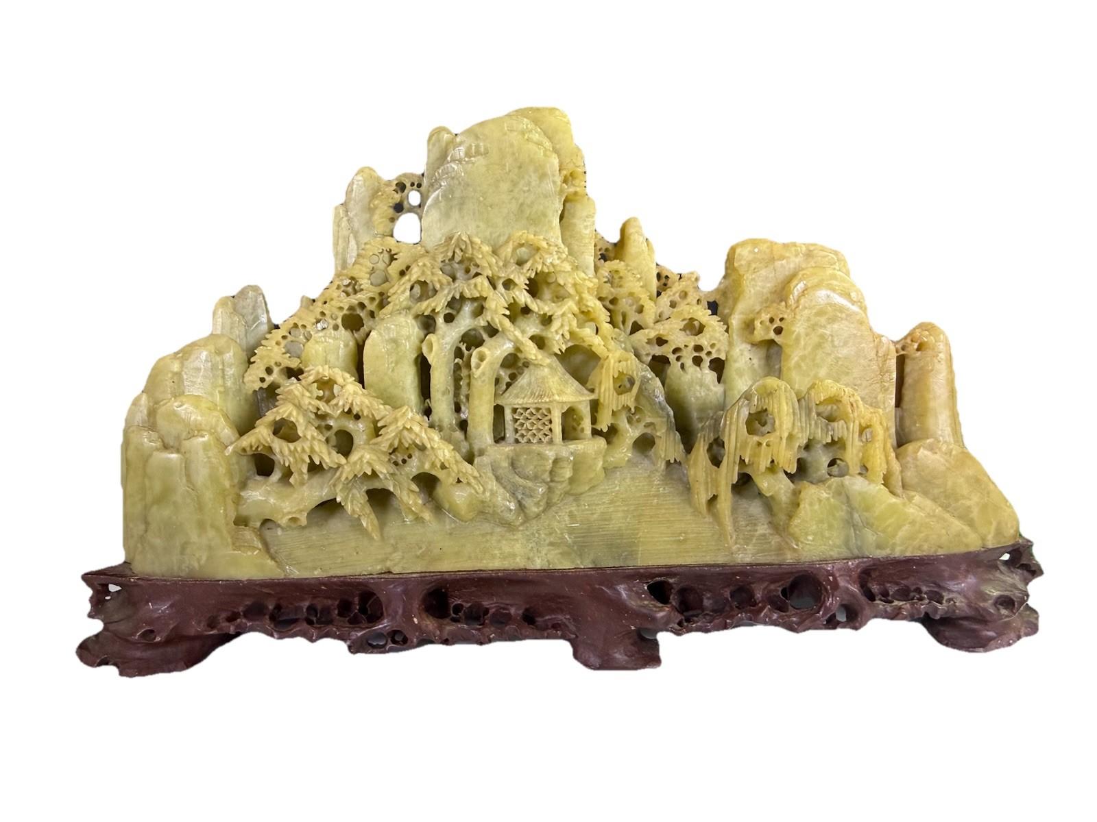 Chinese Soapstone Landscape Sculpture with Pavilion 9"x5