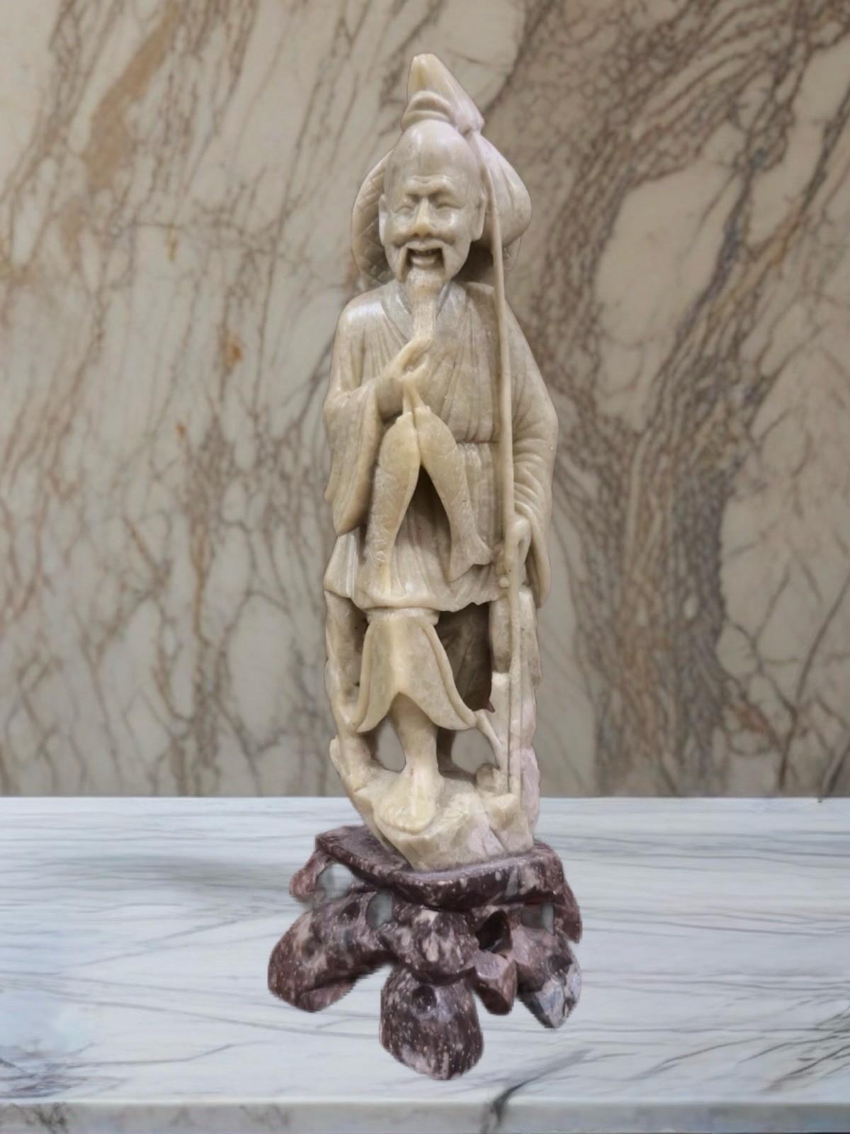 Hand-Carved Chinese Soapstone Fisherman Figurine 8”