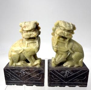 Chinese Carved Soapstone Foo Dog Statues Set