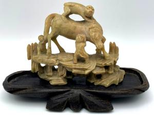 Antique Chinese Soapstone Horse and Monkey Sculpture