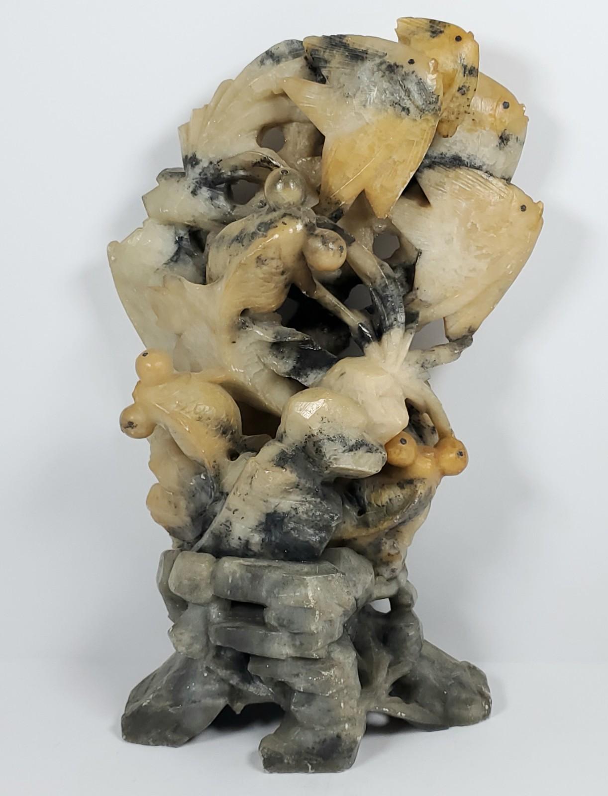 Intricate Vintage Chinese Soapstone Fish and Frogs Figure