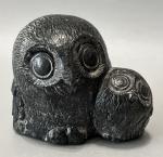 Black Soapstone Handcrafted Mother and Baby Owl Figurine