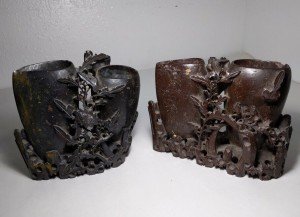Antique Chinese Carved Soapstone Double Vase Set