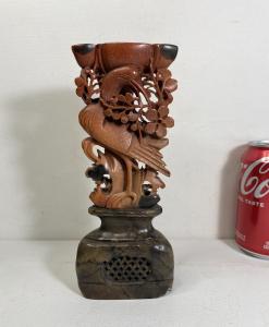 Chinese Soapstone Flower and Bird Candle Holder