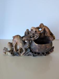 Soapstone Monkey and Deer Brush Pot Figure