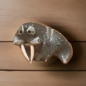 Inuit Walrus Green Soapstone Carving Statue