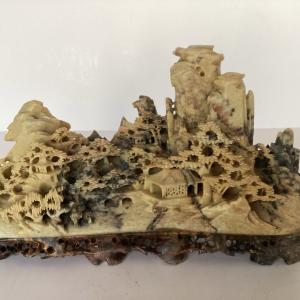 Vintage Hand-Carved Chinese Soapstone Mountain Village Sculpture