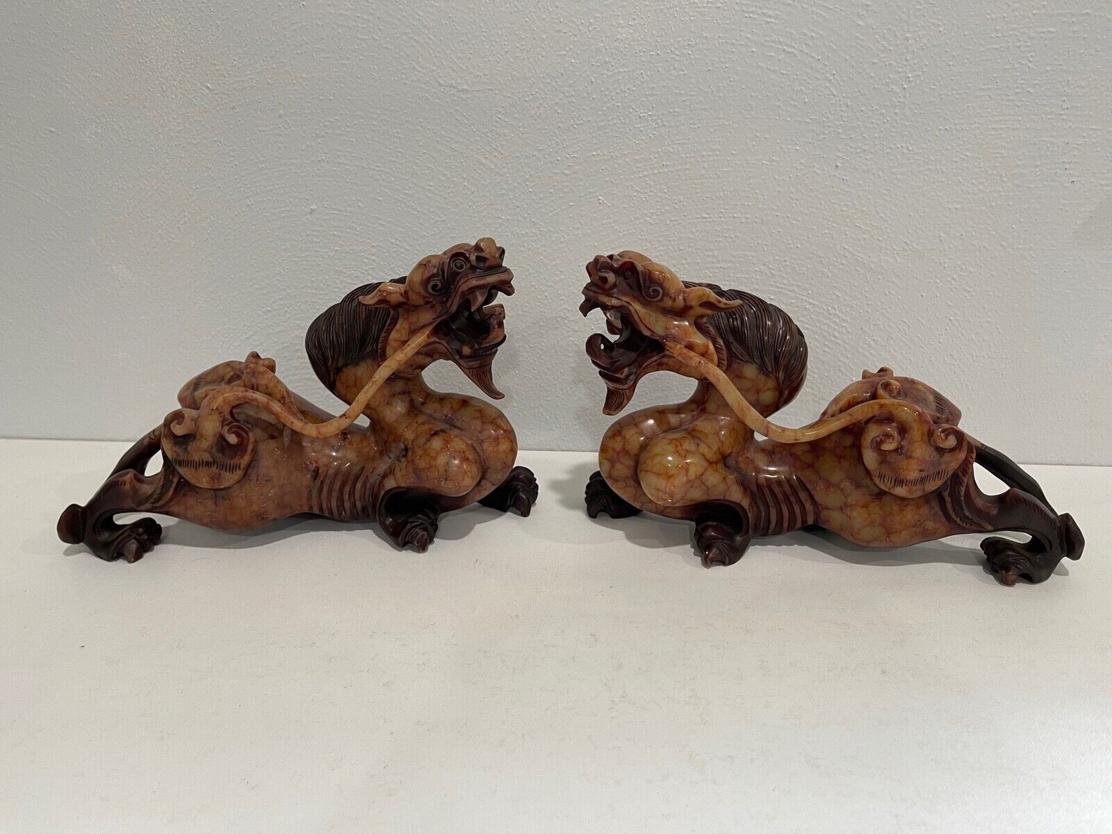 Pair of Traditional Chinese Soapstone Dragon Carvings
