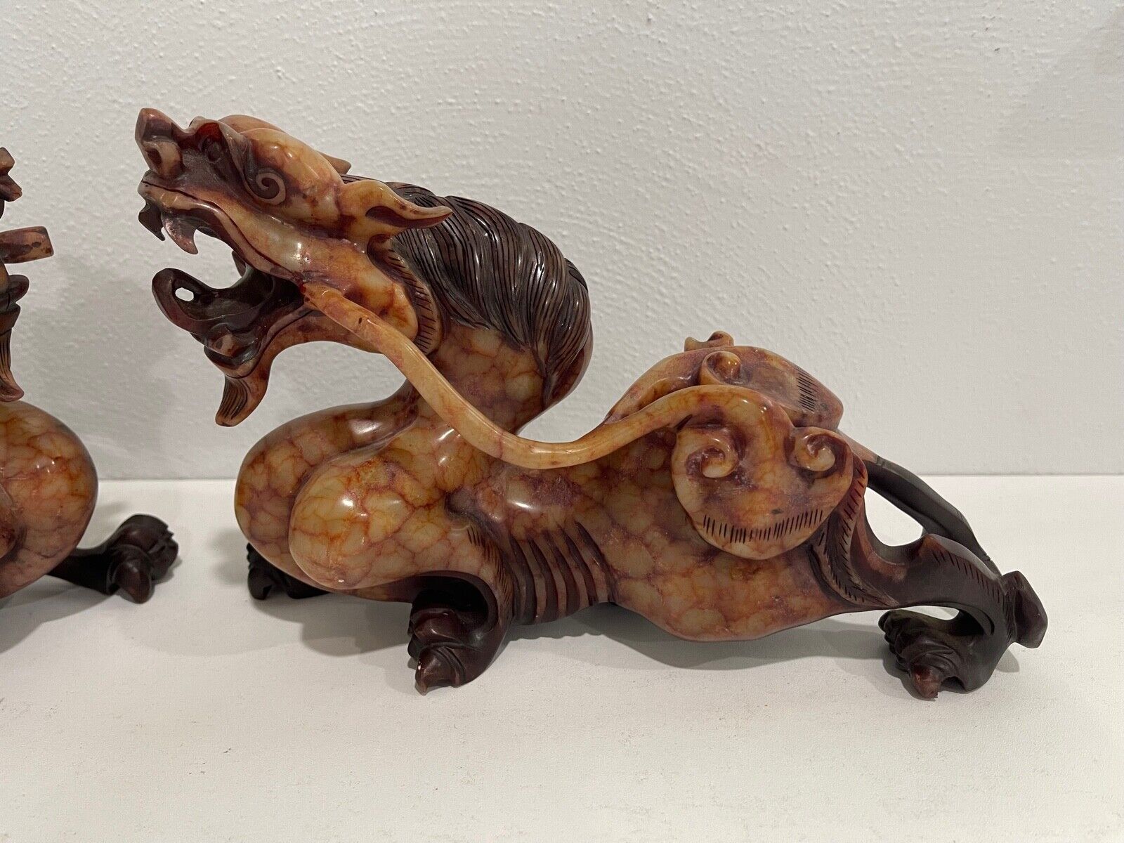 Pair of Traditional Chinese Soapstone Dragon Carvings
