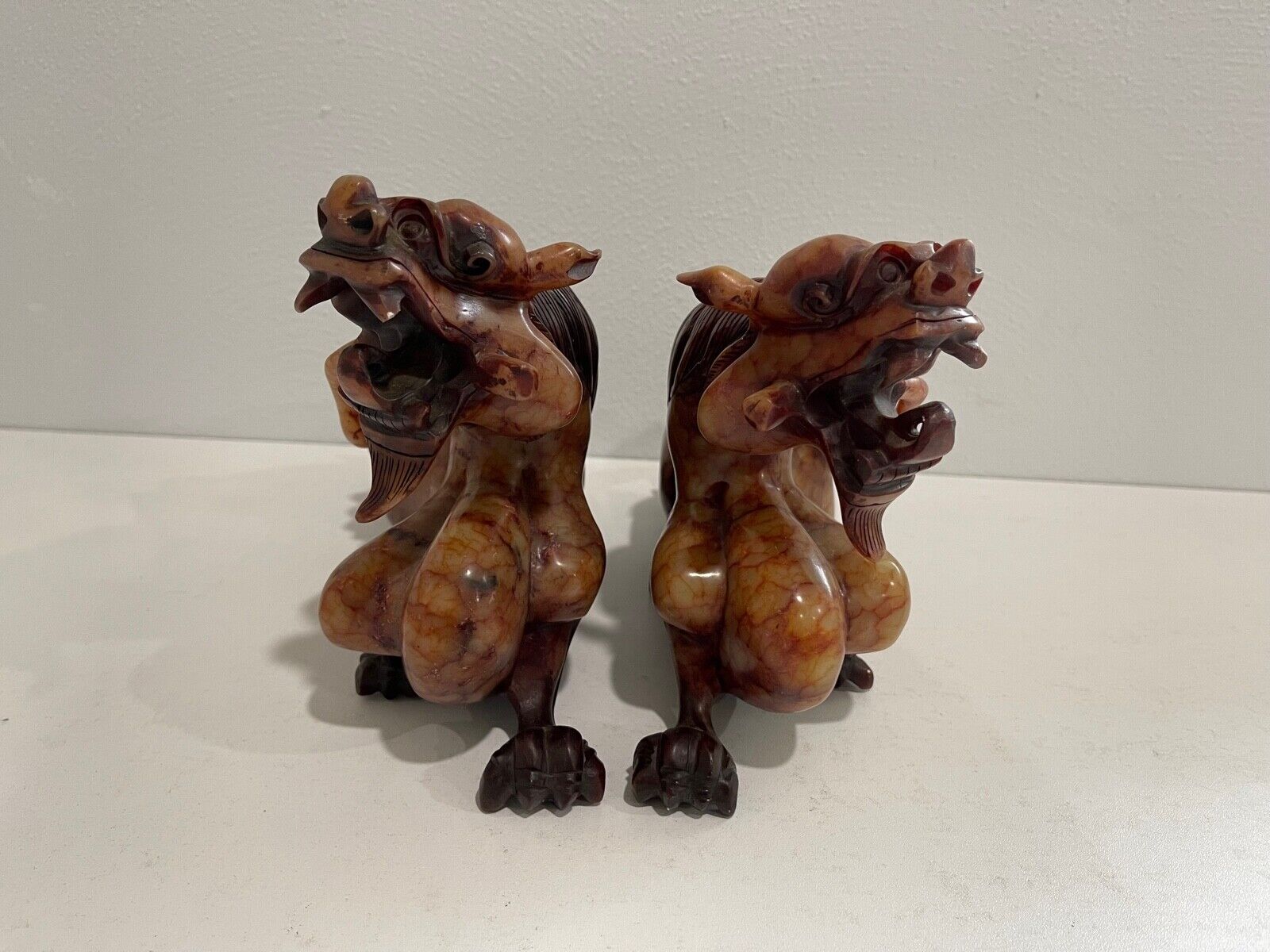 Pair of Traditional Chinese Soapstone Dragon Carvings