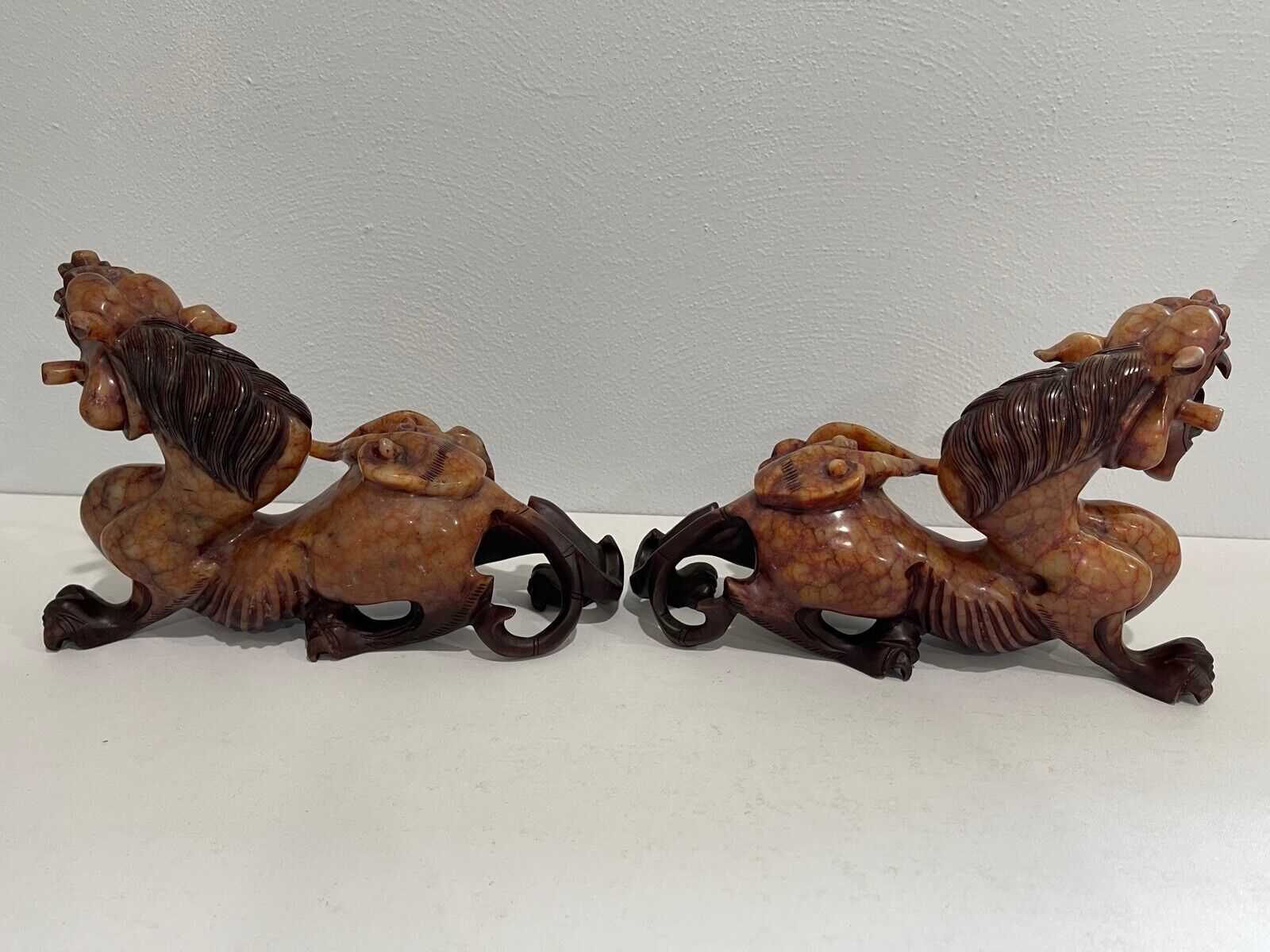 Pair of Traditional Chinese Soapstone Dragon Carvings