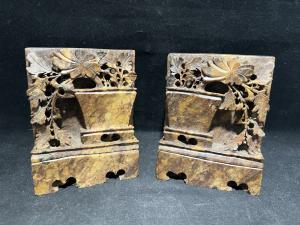 Vintage Hand Carved Chinese Soapstone Floral Bookends