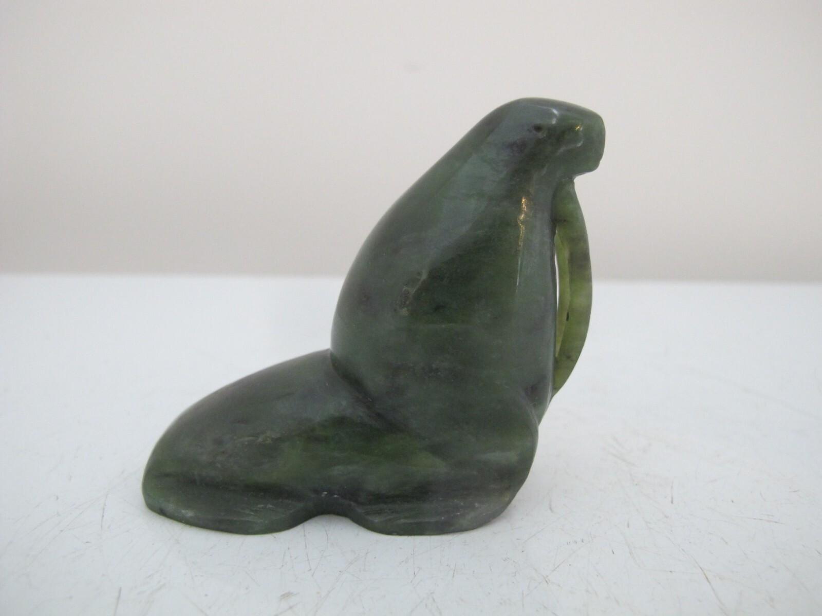 Inuit Green Soapstone Walrus Figurine Sculpture