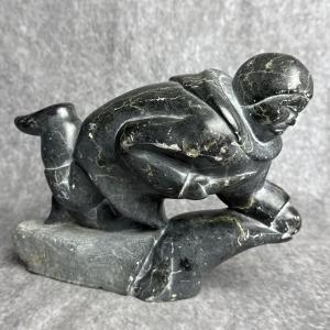 Inuit Soapstone Hunter Seal Statue 9” x 6”