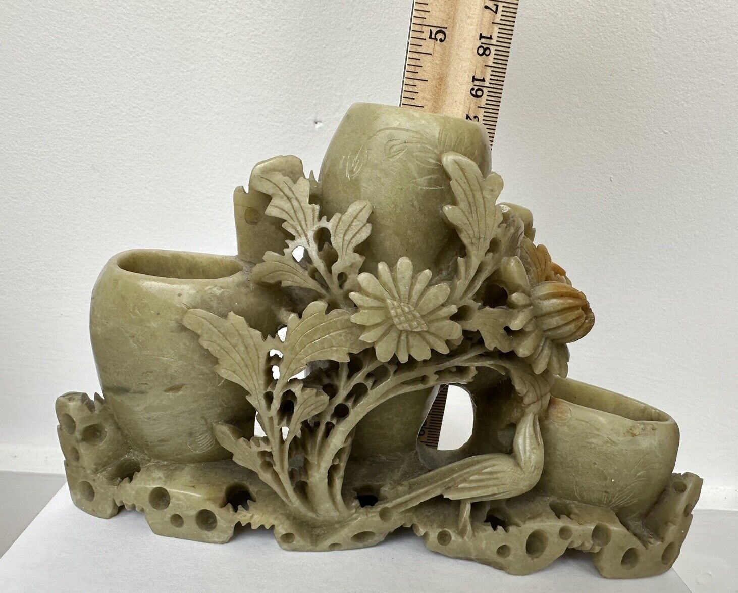 Chinese Soapstone Carving: Floral Bird Vase Sculpture