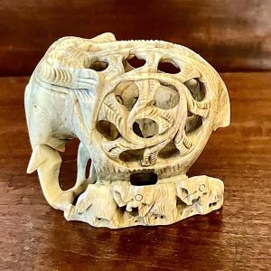 Soapstone Elephant Statue with Intricate Carving