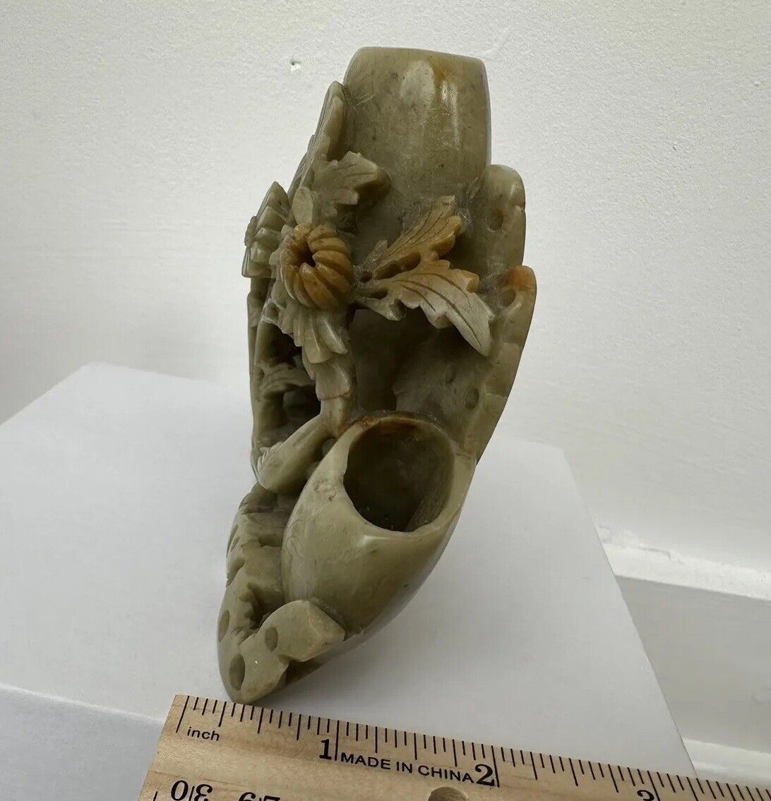 Chinese Soapstone Carving: Floral Bird Vase Sculpture