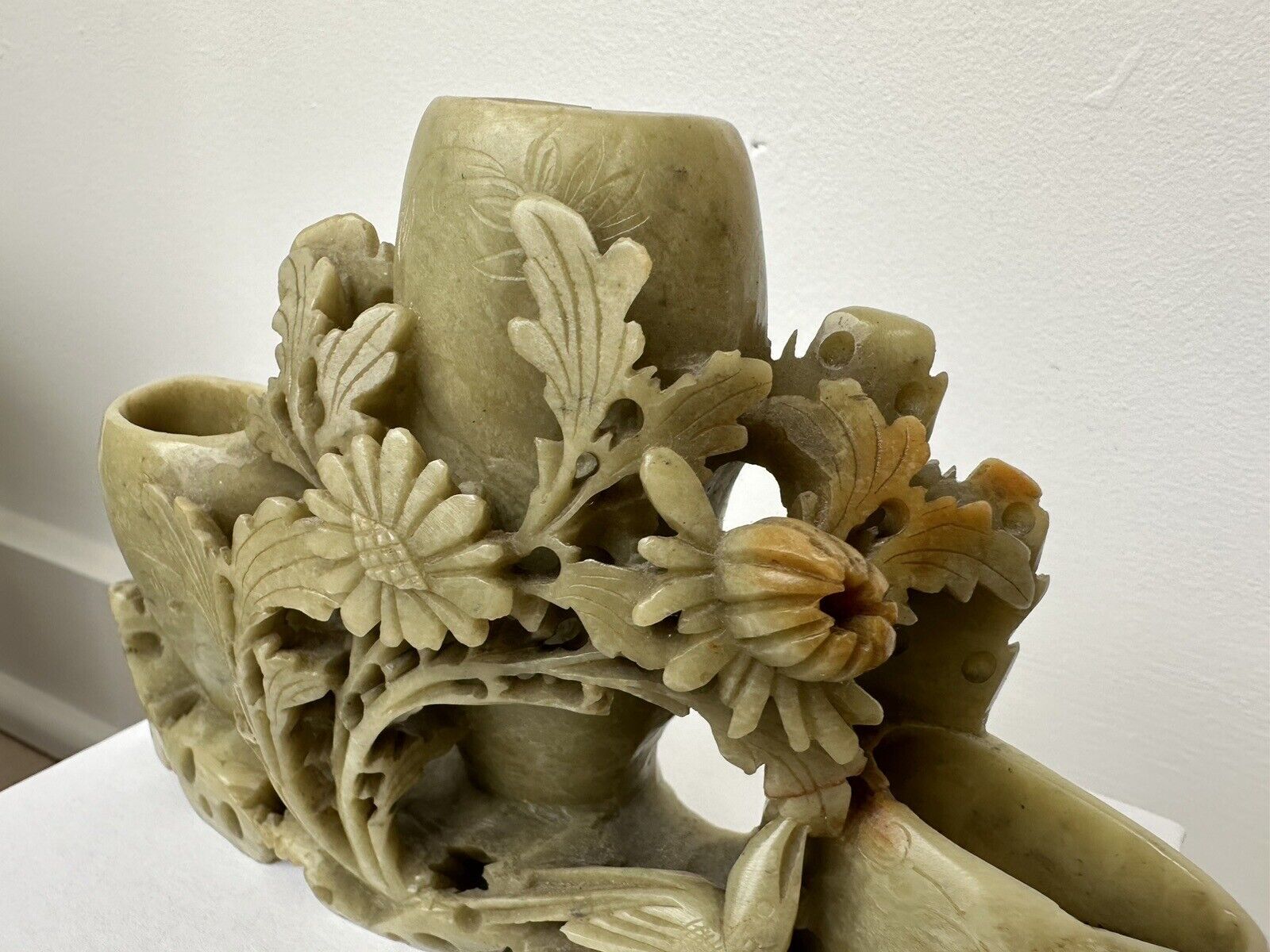 Chinese Soapstone Carving: Floral Bird Vase Sculpture