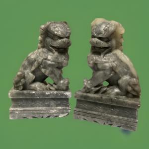 Vintage Chinese Foo Dogs Soapstone Guardian Lions
