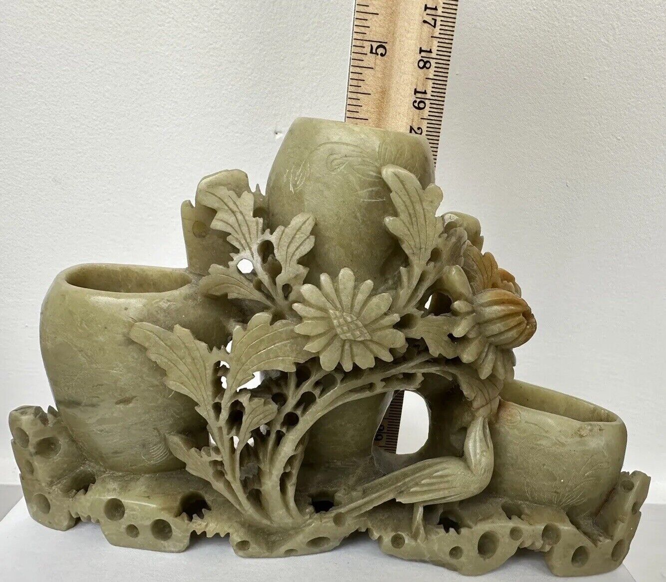 Chinese Soapstone Carving: Floral Bird Vase Sculpture