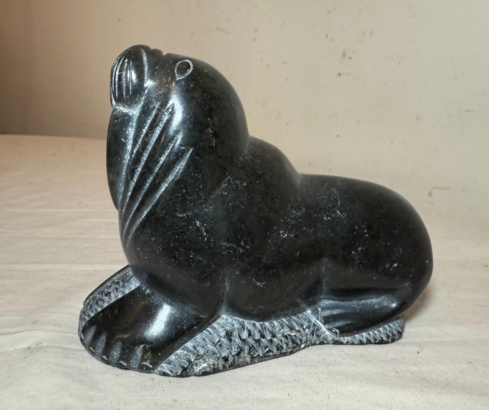 Carved Soapstone Walrus Sculpture by Isa Kasudluak