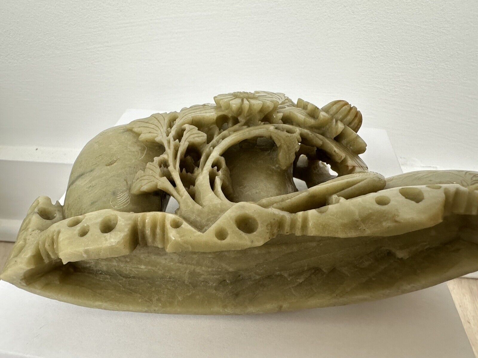 Chinese Soapstone Carving: Floral Bird Vase Sculpture