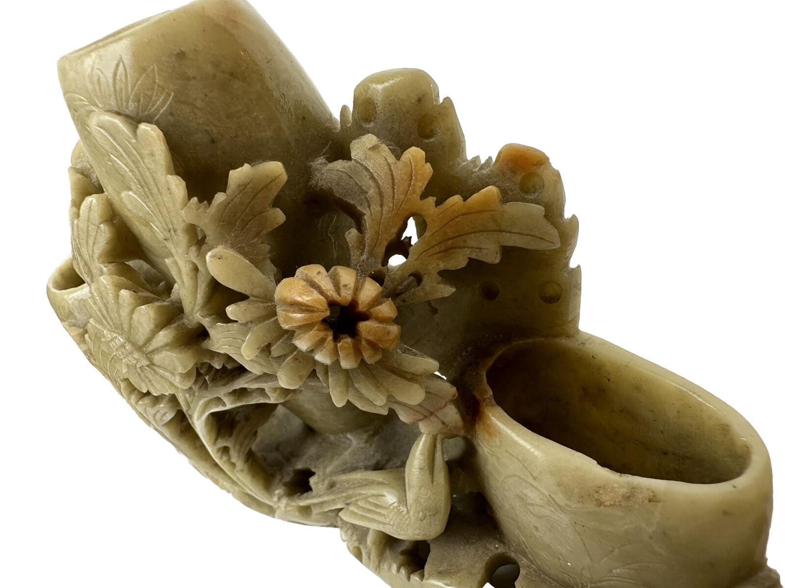 Chinese Soapstone Carving: Floral Bird Vase Sculpture