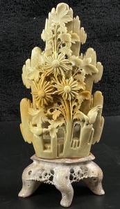 Hand-Carved Soapstone Birds and Flowers Sculpture