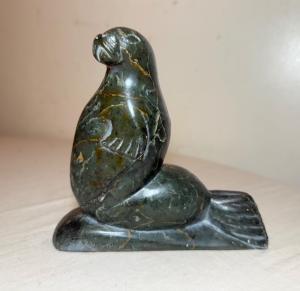 Antique Green Soapstone Carving of Seal Sculpture