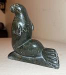 Antique Green Soapstone Carving of Seal Sculpture