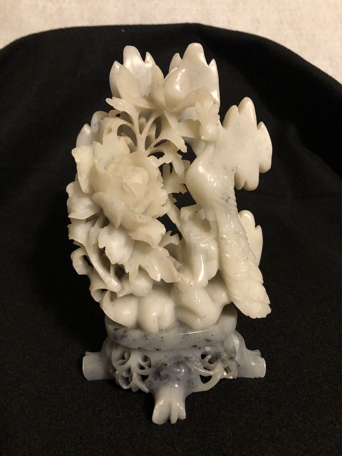 Chinese Soapstone Carving: Lotus Flowers & Peacock Sculpture