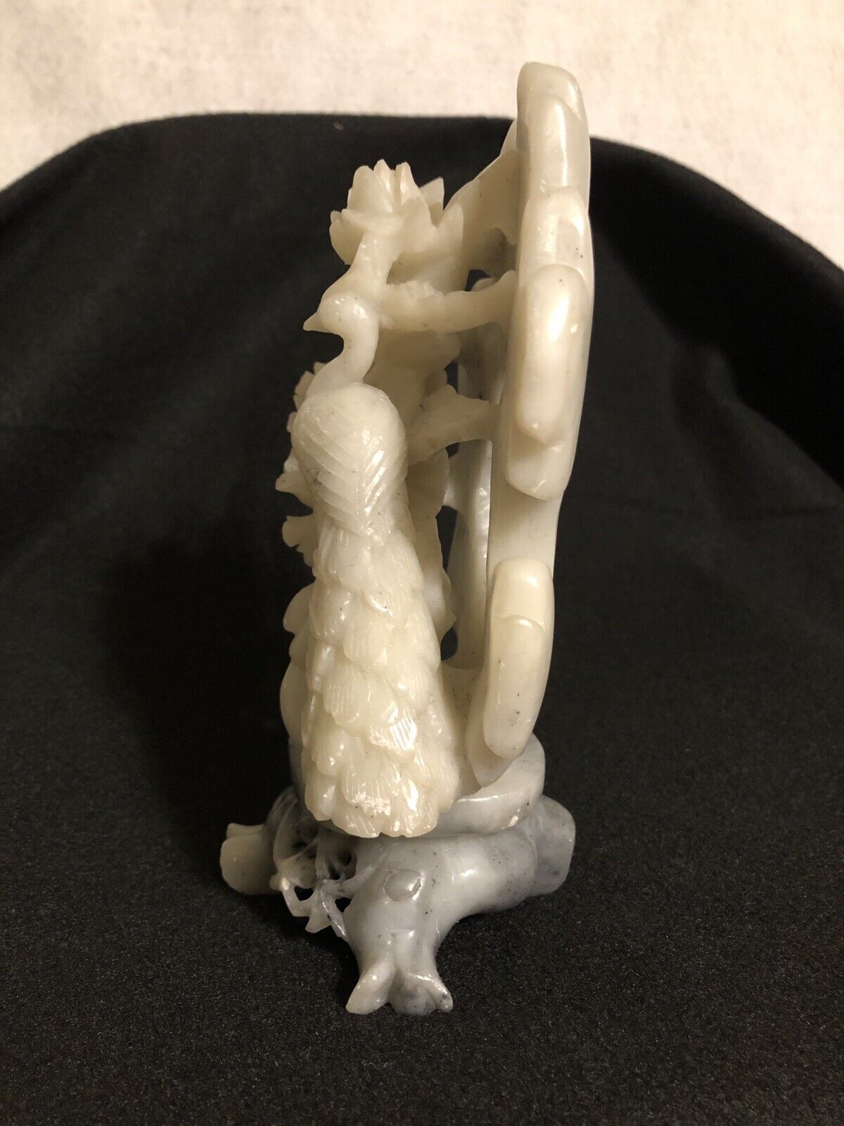 Chinese Soapstone Carving: Lotus Flowers & Peacock Sculpture