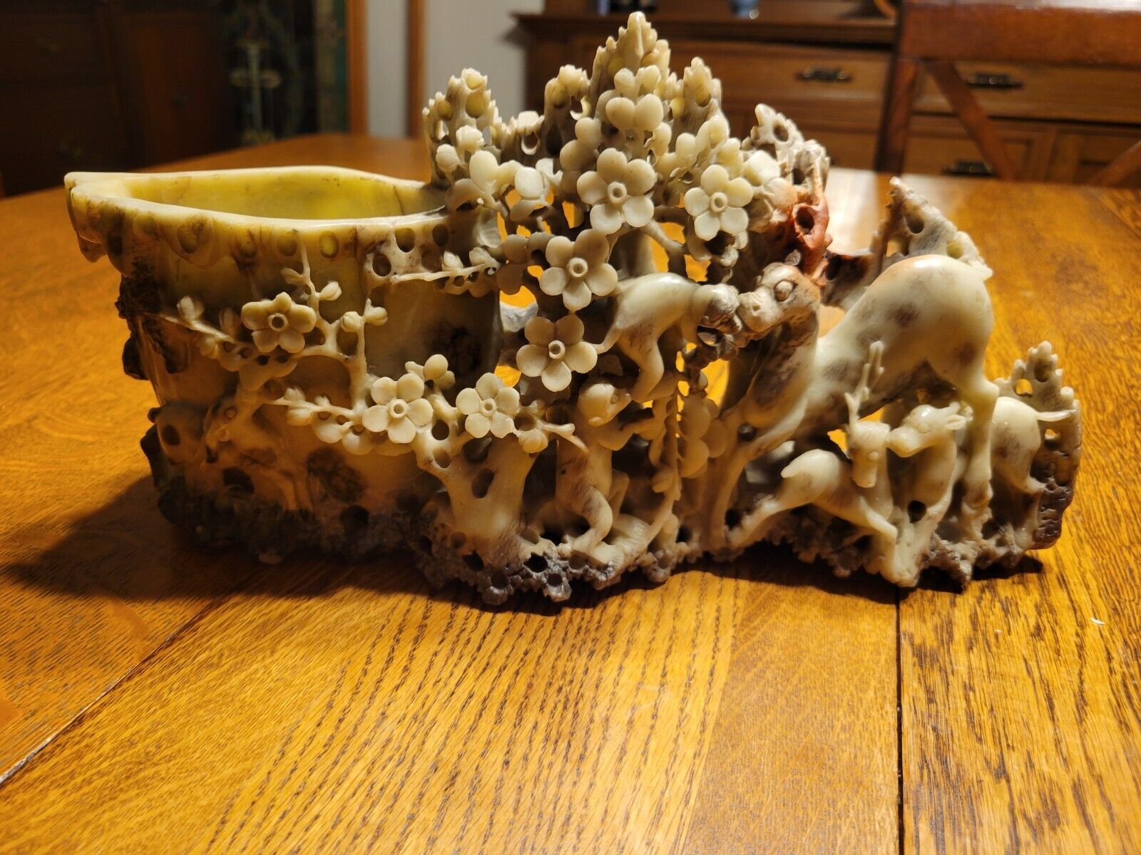 Chinese Soapstone Carving: Vase, Flowers, Deer Sculpture