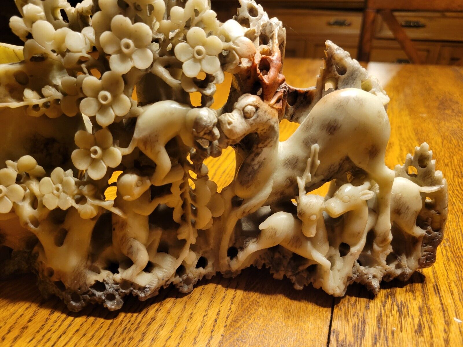 Chinese Soapstone Carving: Vase, Flowers, Deer Sculpture