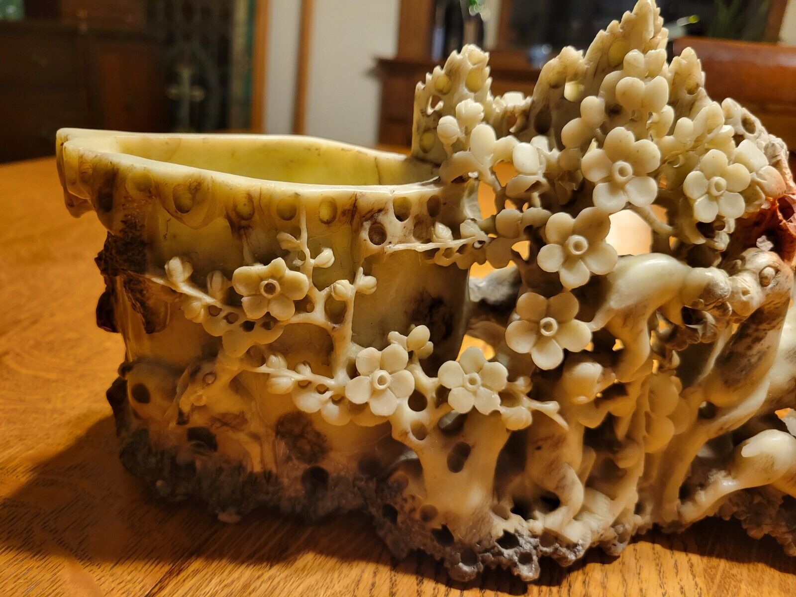 Chinese Soapstone Carving: Vase, Flowers, Deer Sculpture